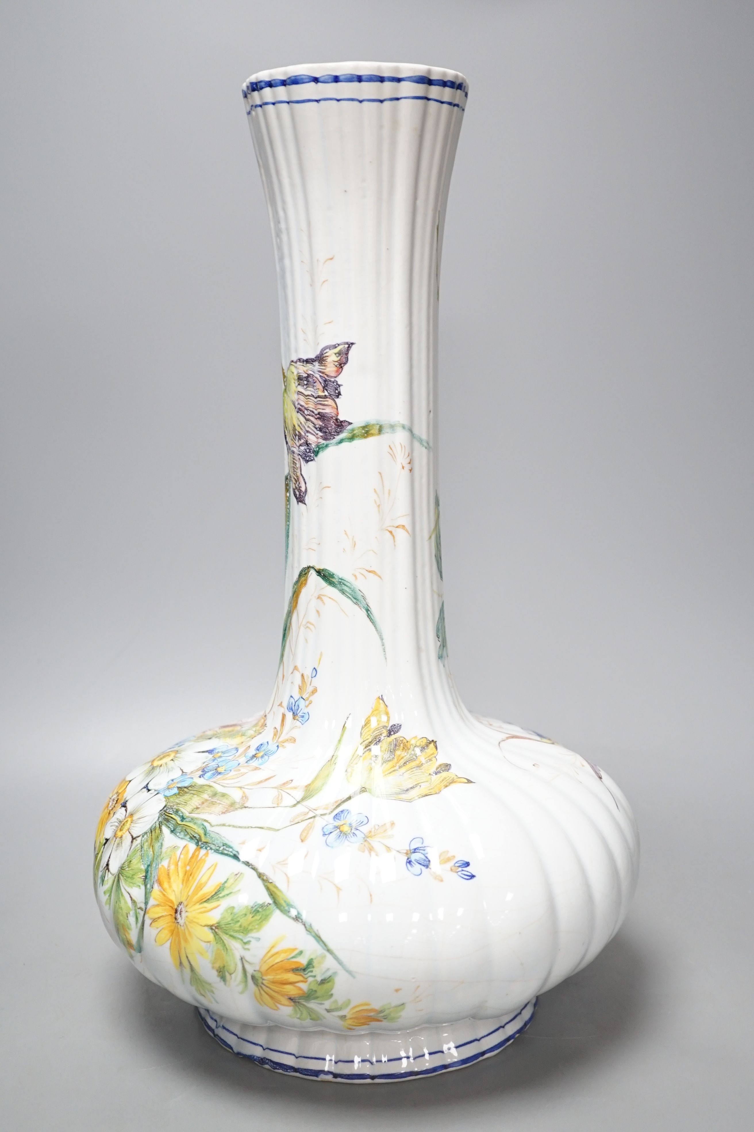 A Large Italian maiolica bottleneck floral vase, signed Pivato, Nove, 45.5cm tall